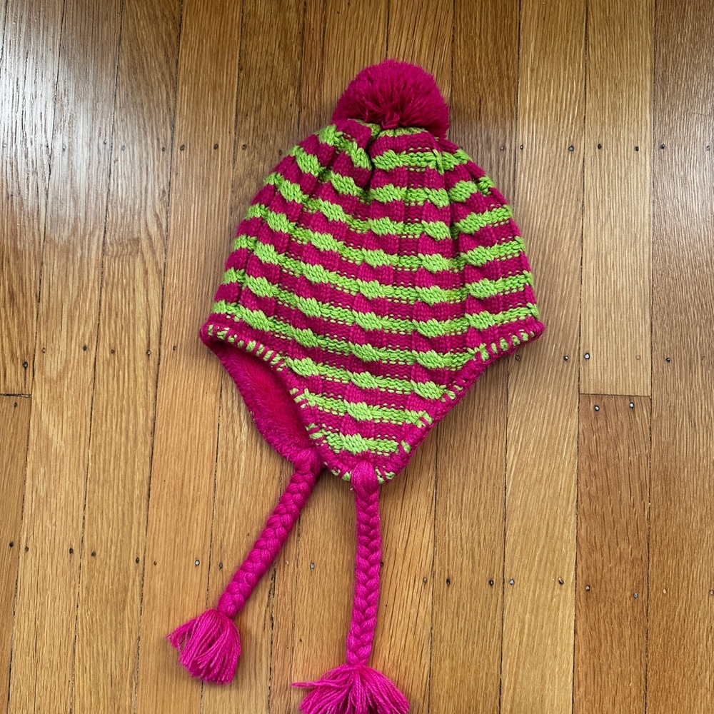 The North FaceStriped Pink and Green Knit Pom Pom Hat (juniors)